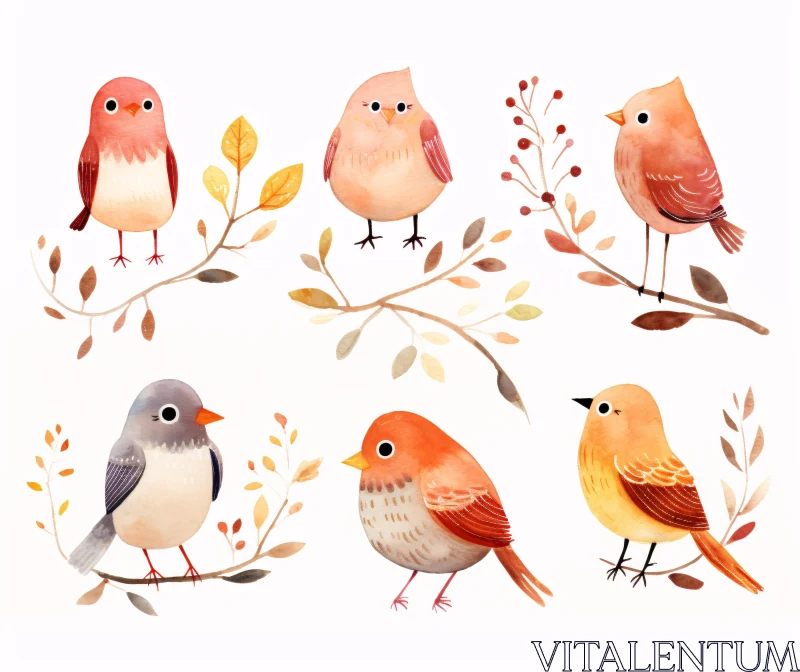 AI ART Playful Birds on Branches Illustration