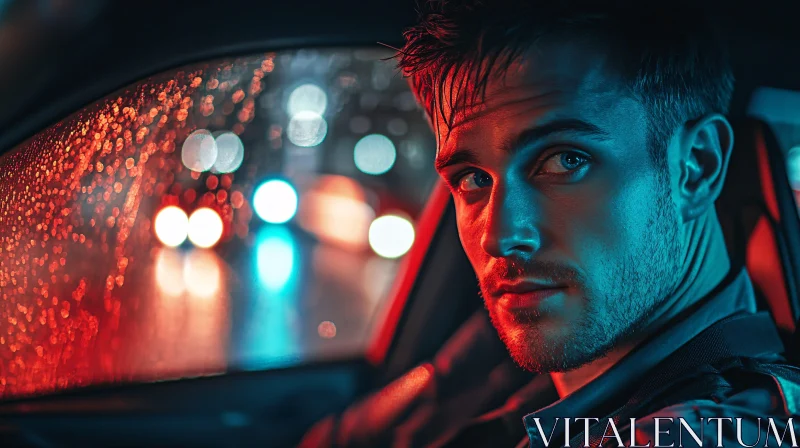 Man in Car at Night with Rain and Urban Bokeh AI Image