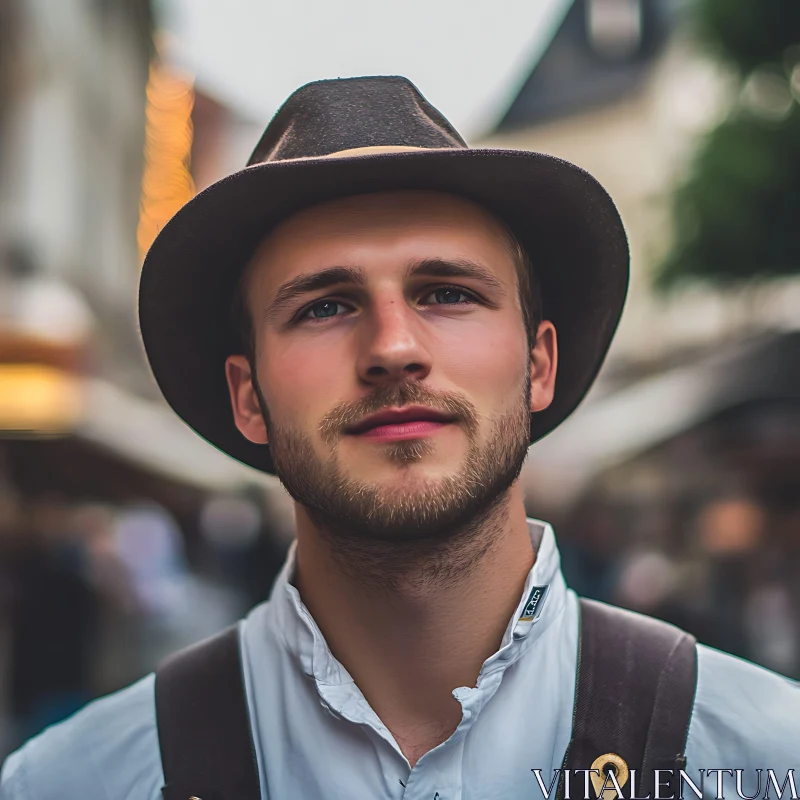 Urban Portrait of Bearded Young Man Wearing Hat AI Image