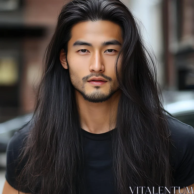 Urban Portrait of Bearded Man with Long Hair AI Image