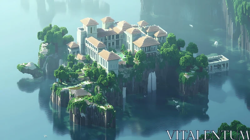 Digital Dreamscape: Lush Architectural Island AI Image