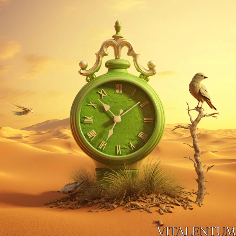 AI ART Green Clock and Bird in Desert