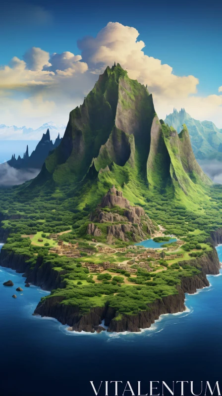 Tropical Island Landscape with Towering Mountain AI Image