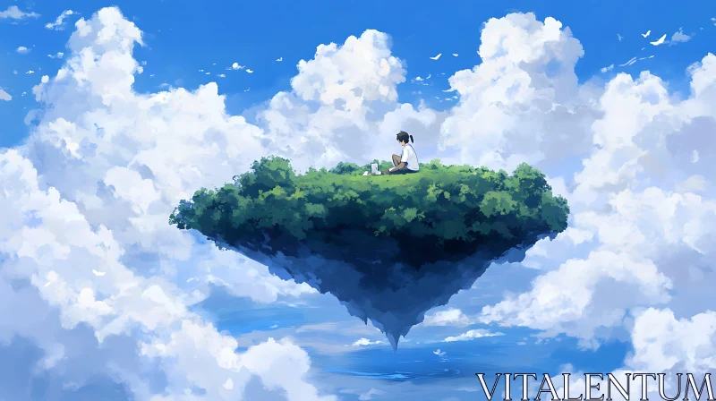 Floating Green Island in the Clouds AI Image