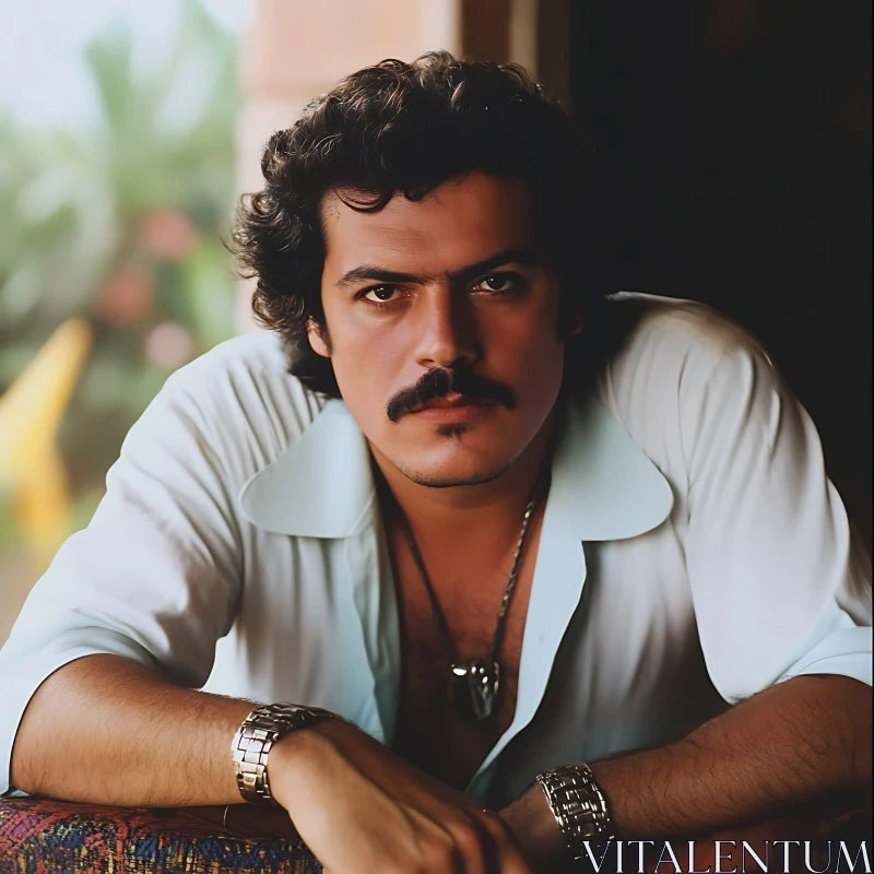 Relaxed Man Portrait with Mustache and Gold Wristwatch AI Image