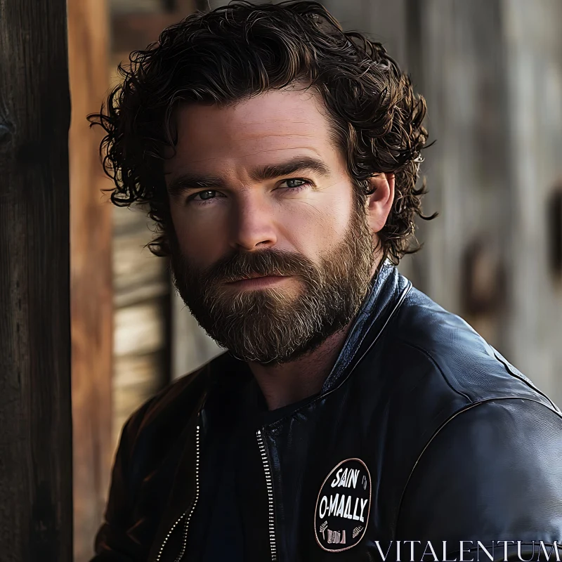 Curly-Haired Man Wearing Leather Jacket AI Image