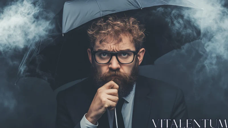 Contemplative Man in Suit with Umbrella Amidst Smoke AI Image