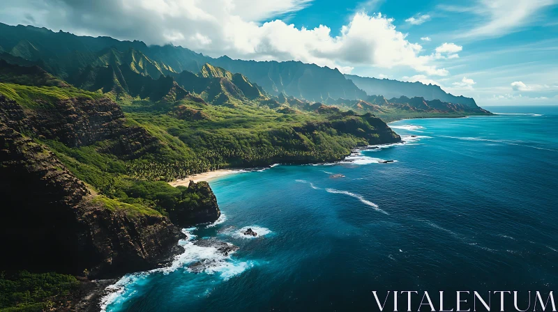 Lush Green Island with Towering Cliffs and Secluded Beach AI Image