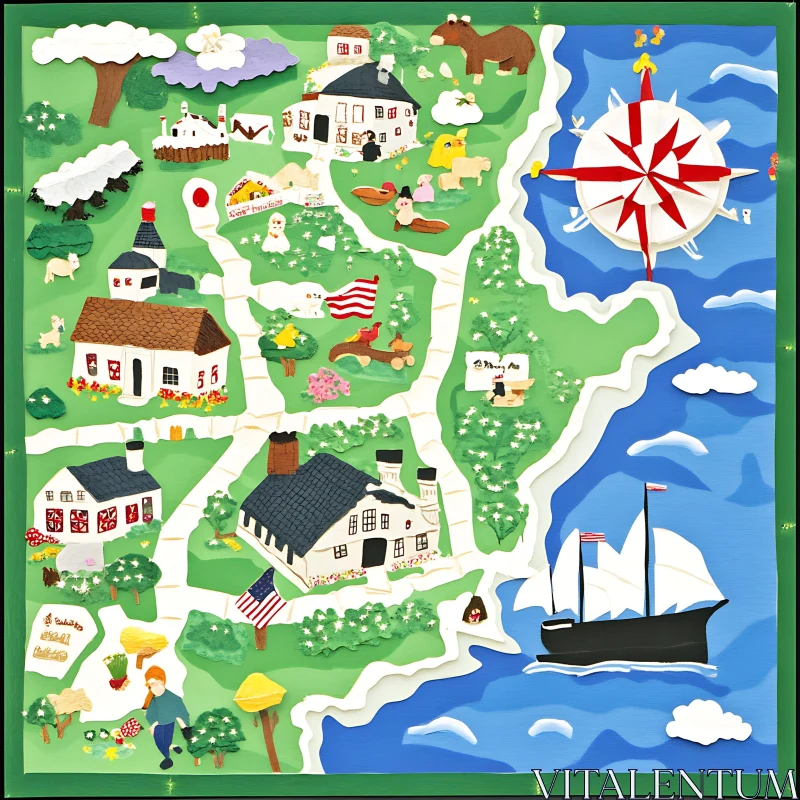 Whimsical Village Map with Detailed Landscape and Adventure Elements AI Image