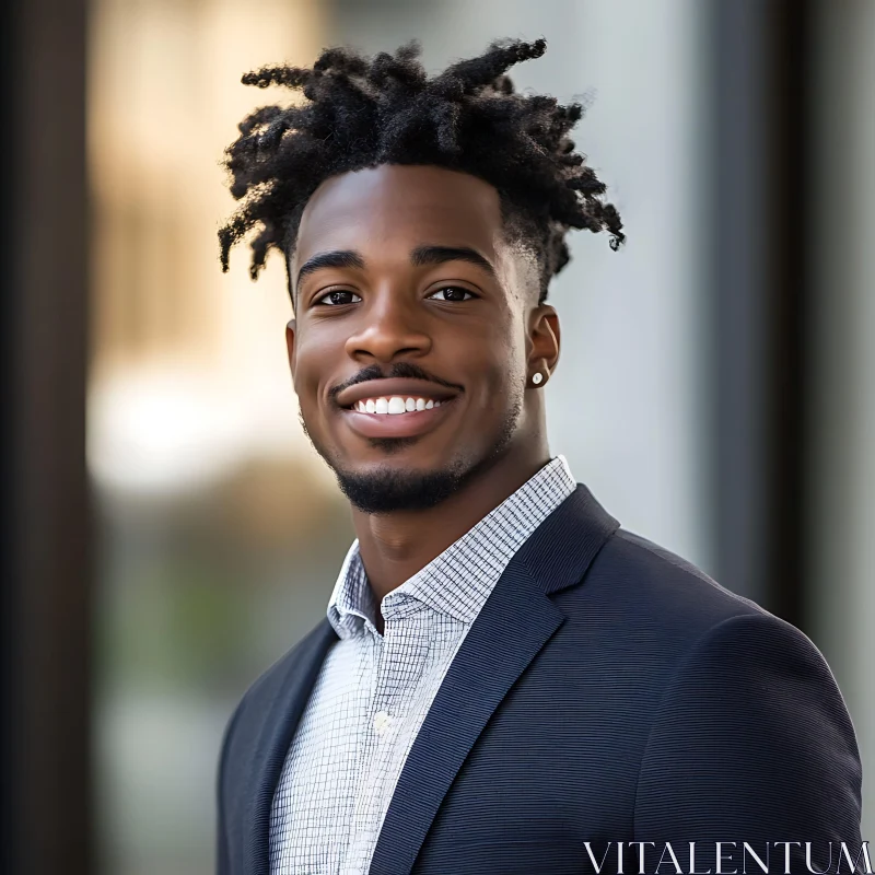 Smiling Young Professional in Navy Suit AI Image