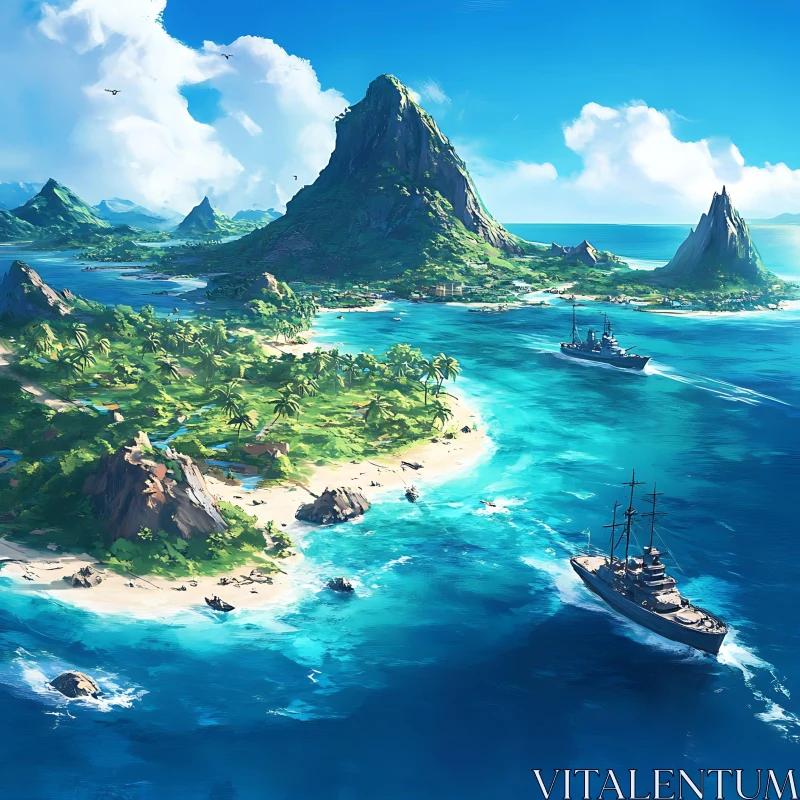 Tropical Paradise with Stunning Seascape and Ships AI Image