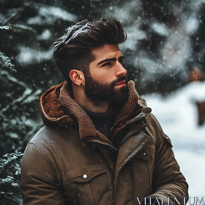 Bearded Man Outdoors in Winter Snow AI Image