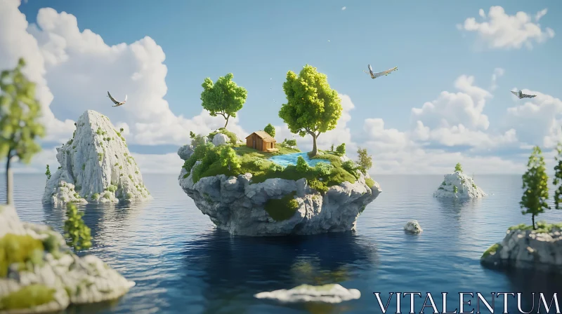 Serene Floating Island with Lush Tree and Birds AI Image