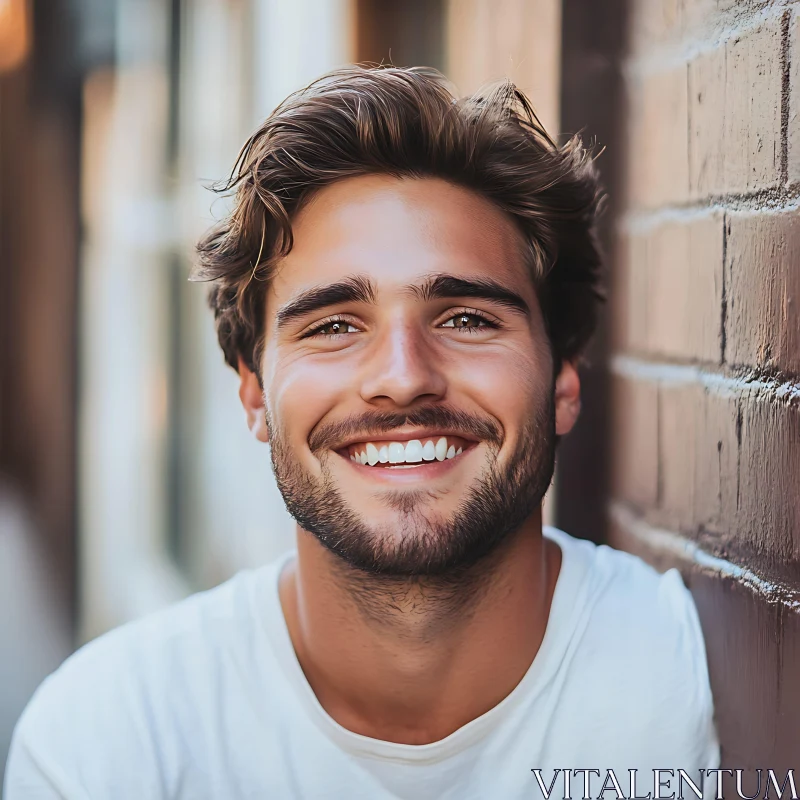 Cheerful Man with Beard Smiling Outside AI Image