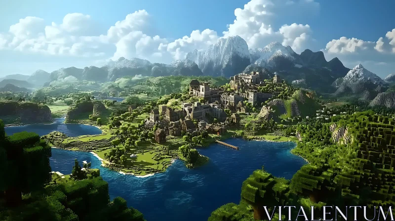 Scenic Mountain Village by the River AI Image