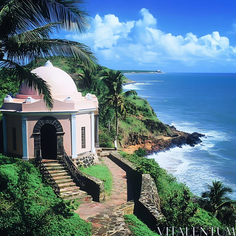 Tropical Coastline with Domed Architecture and Ocean View AI Image