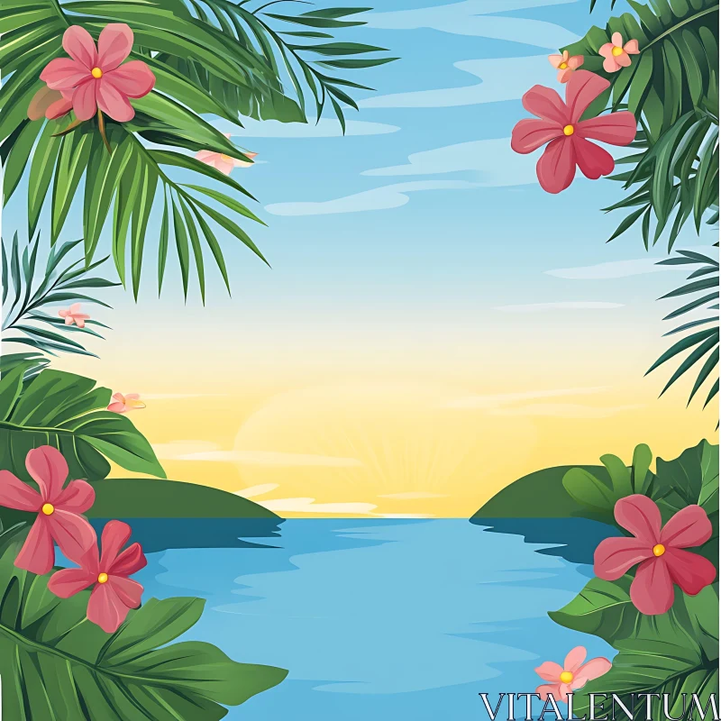 Idyllic Ocean Sunset Framed by Tropical Flora AI Image