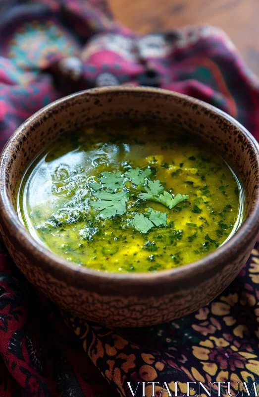 AI ART Herb-Infused Soup with Artisan Fabric