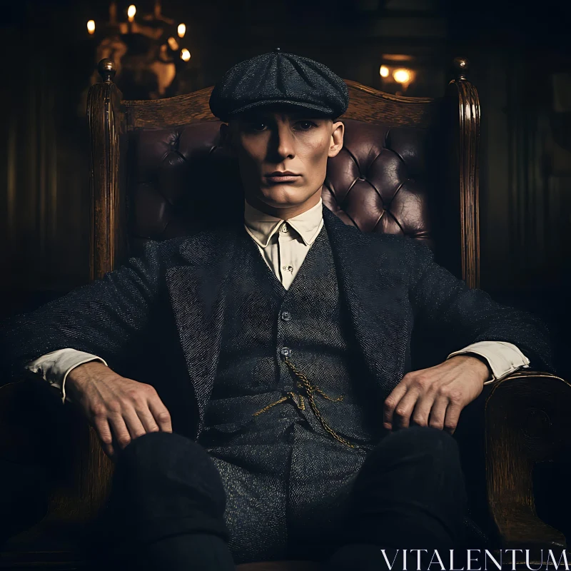 Classic Man in Vintage Suit on a Wooden Chair AI Image