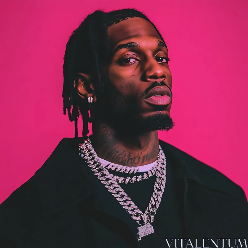 Fashionable Man with Chains and Pink Backdrop AI Image