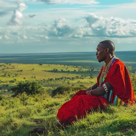 Person in Traditional Cultural Dress on Hilltop, Overlooking Landscape