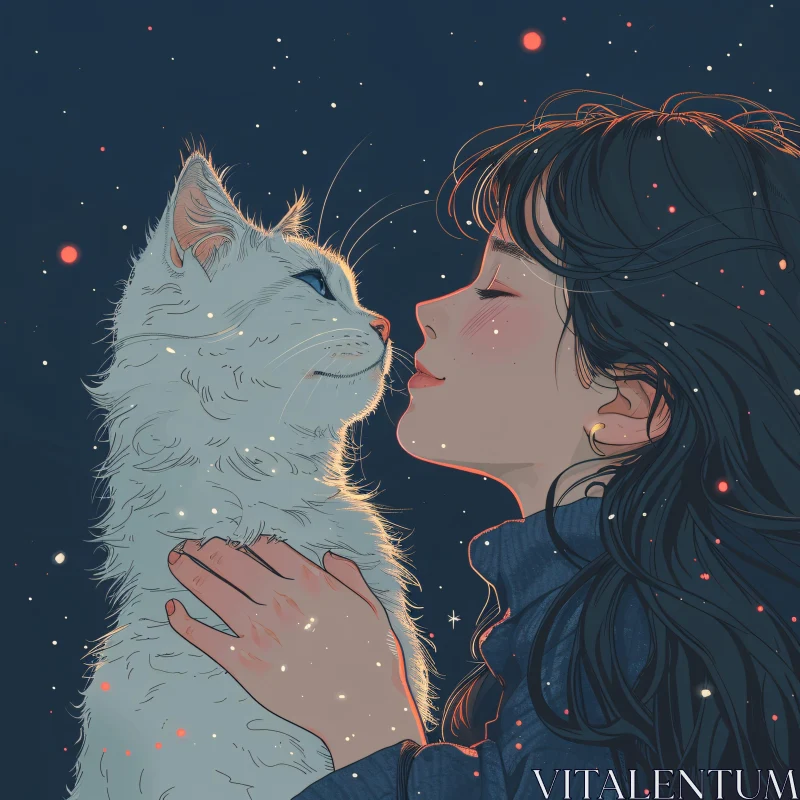 AI ART Tender Art: Woman with White Cat at Night