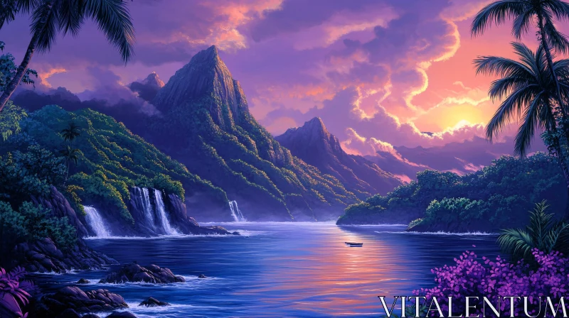 AI ART Tranquil Tropical Scene with Mountains and Boat