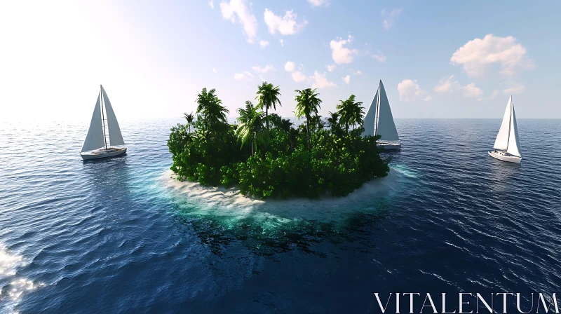 Tropical Island Paradise with Sailboats AI Image