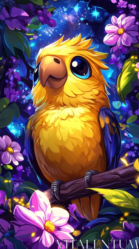 Bright Parrot in Floral Wonderland