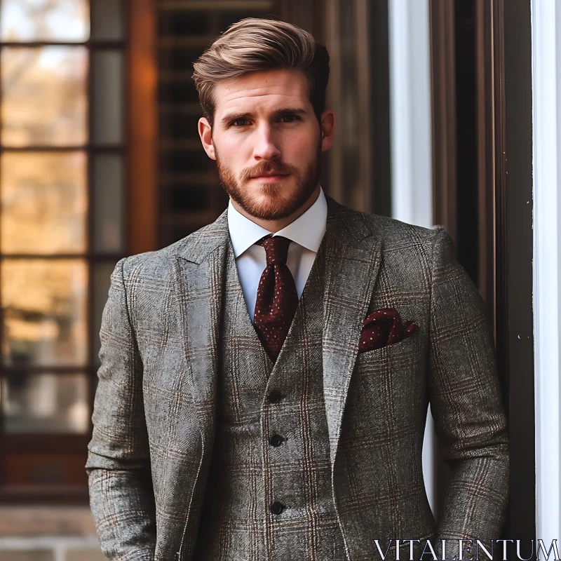 Elegant Man in Classic Gray Suit with Maroon Tie