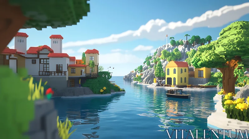 Scenic Waterfront Village in Pixel Art Style