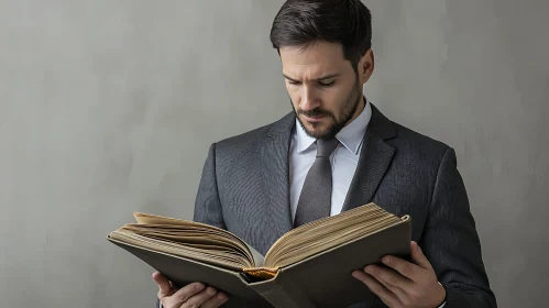 Focused Man in Grey Suit Reading a Large Book