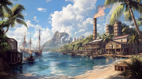 Tropical Island Harbor with Sailing Ships and Palm Trees