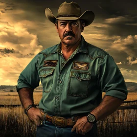 Western Man in Green Shirt under Evening Sky