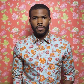 Stylish Man in Floral Shirt Against a Flowered Backdrop