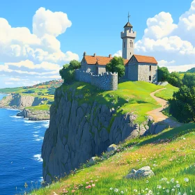 Cliffside Castle with Tower and Wildflowers