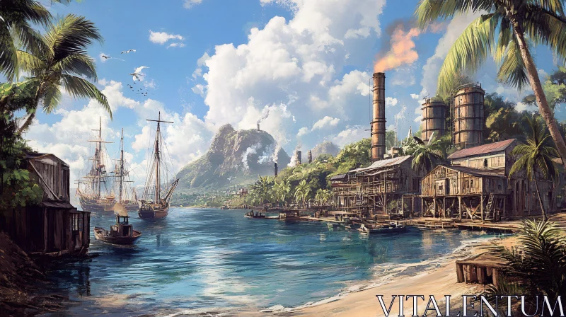 Tropical Island Harbor with Sailing Ships and Palm Trees