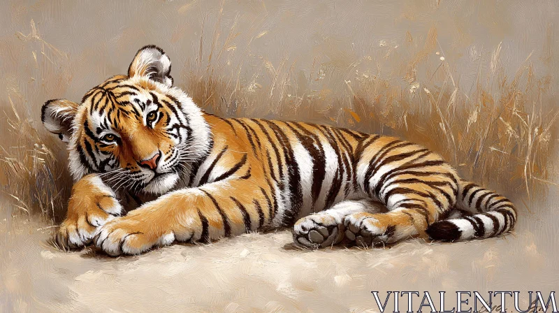 Tiger Lying Down in Dry Grass