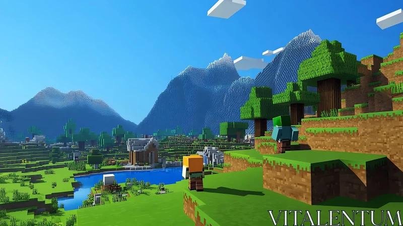 Pixelated Minecraft Scene with Mountains and Adventurers