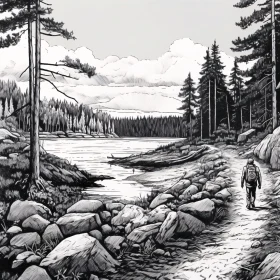 Black and White Forest Scene with Man Walking