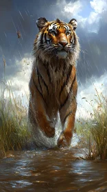Tiger Running in Rain