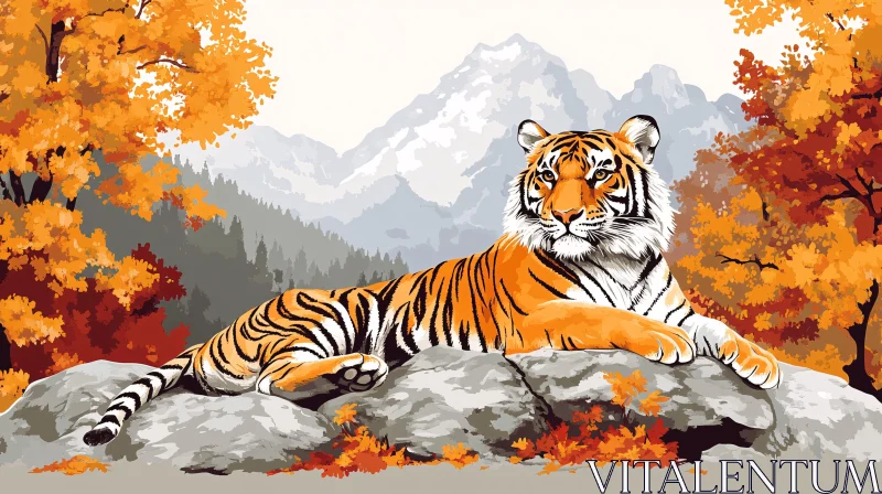 Tiger Relaxing Amidst Autumn Scenery