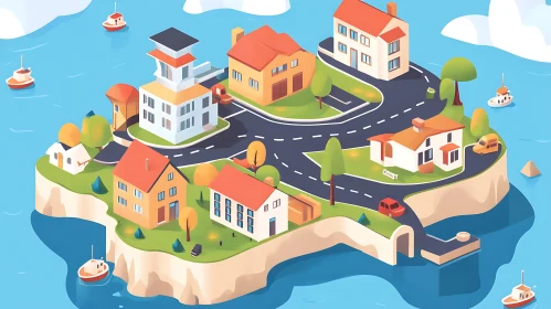 Colorful Island Village with Boats and Houses