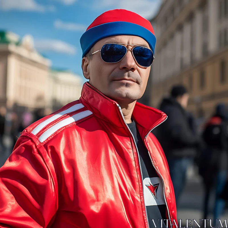 Stylish Man in Red Jacket and Aviator Sunglasses AI Image