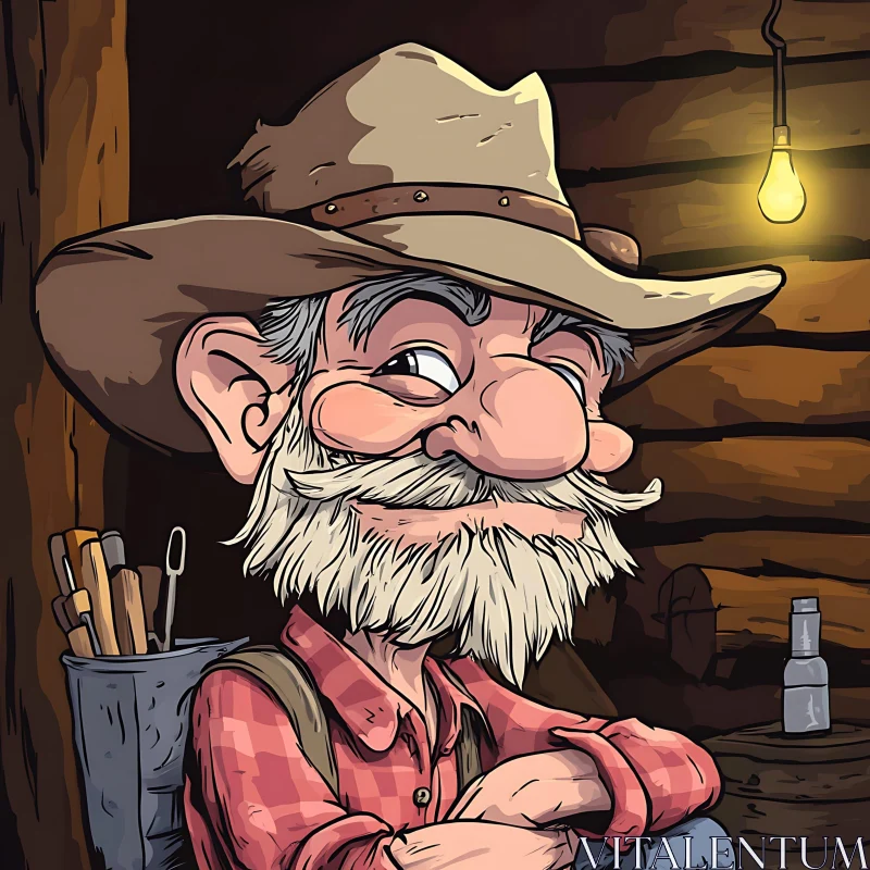 Whimsical Cartoon of an Older Cowboy in a Cabin AI Image