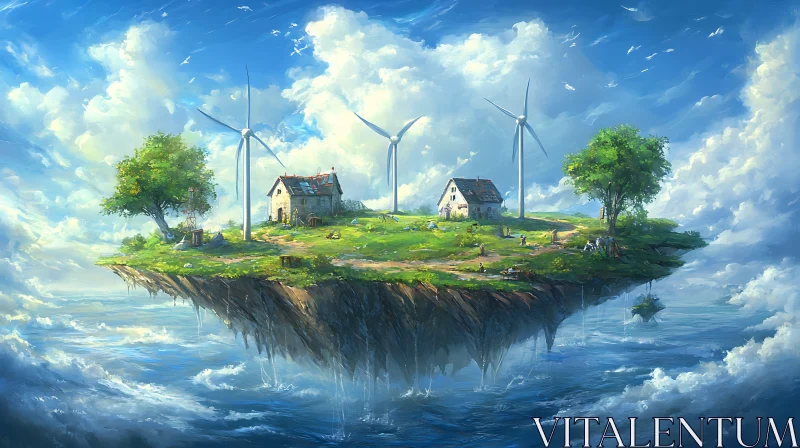 Floating Island with Windmills and a House AI Image