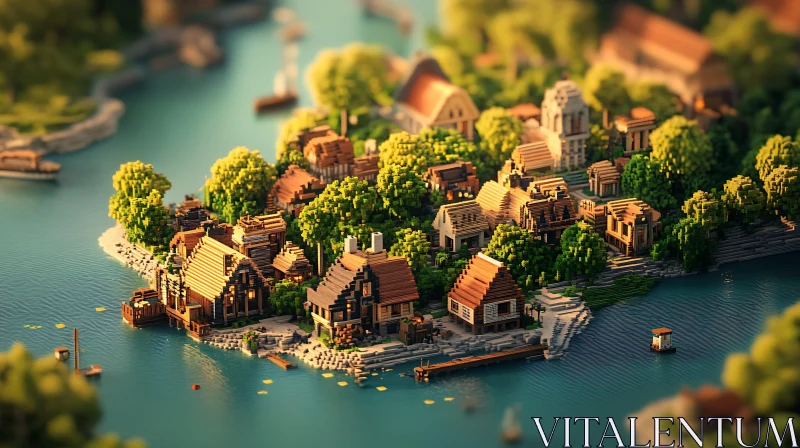 Pixel Art Village by the Water AI Image