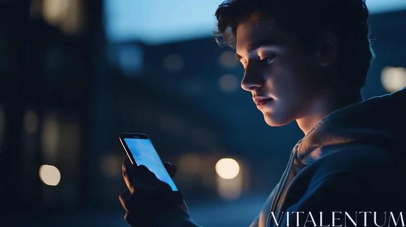 Youth in the Night with Smartphone AI Image