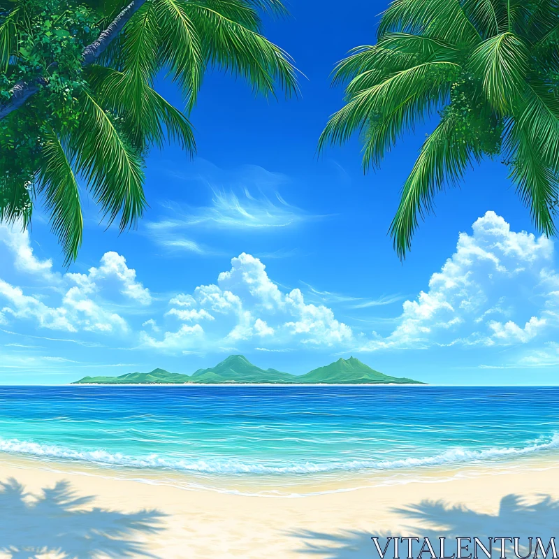 Serene Tropical Beach with Vibrant Palm Trees and Clear Sky AI Image