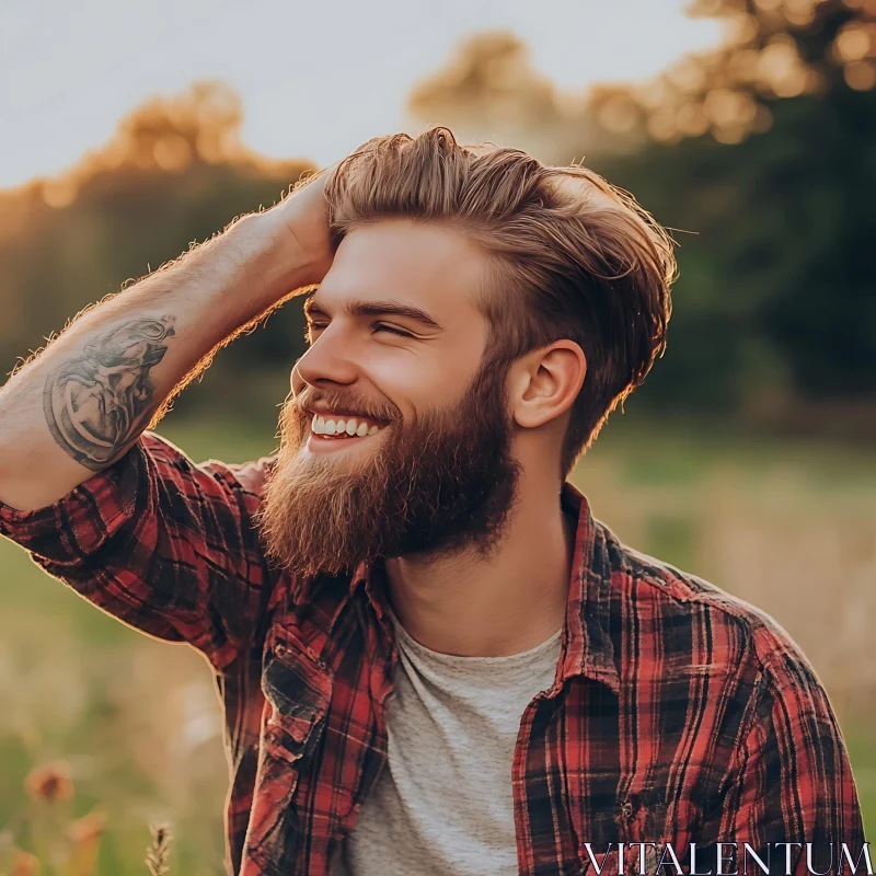 Happy Man in Plaid Shirt in Nature AI Image